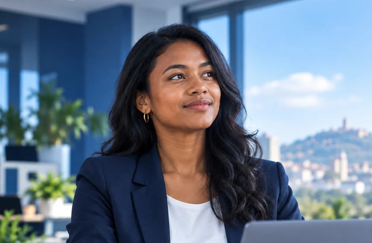 Professionnelle malgache travaillant sur un ordinateur portable, avec vue sur Antananarivo