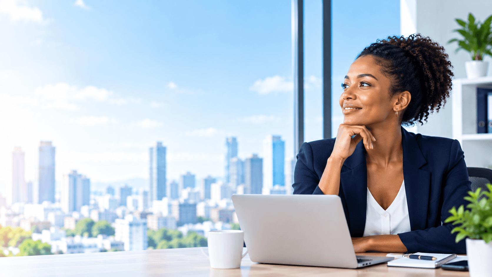 Professionnelle souriante devant un ordinateur portable, dans un bureau avec vue sur la ville