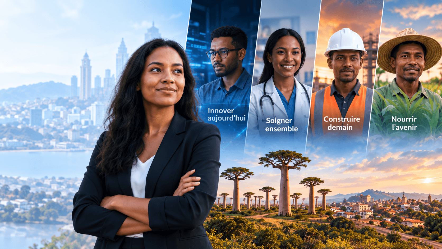Professionnels malgaches de l'entreprise, du numérique, de la santé, du BTP et de l'agriculture devant des paysages de Madagascar